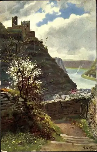 Künstler Ak Hoffmann, H., Sankt Goarshausen am Rhein, Blick auf die Burg Katz