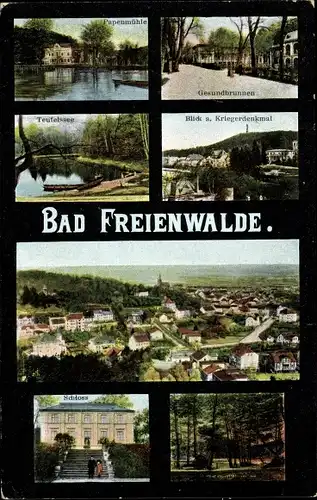 Ak Bad Freienwalde an der Oder, Teufelsee, Gesundbrunnen, Kriegerdenkmal, Schloss