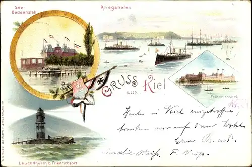 Litho Kiel, See Badeanstalt, Kriegshafen, Leuchtturm beim Friedrichsort