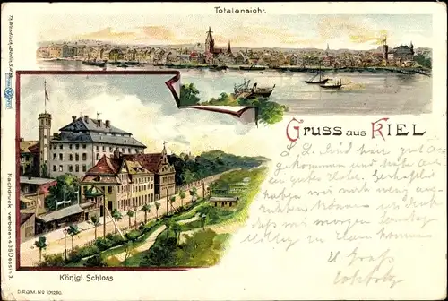 Litho Kiel, Totalansicht, Blick zum königlichen Schloss