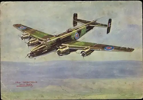 Künstler Ak Petit, Louis, Britisches Kampfflugzeug Handley Page Halifax Mark III, Avions Alliés