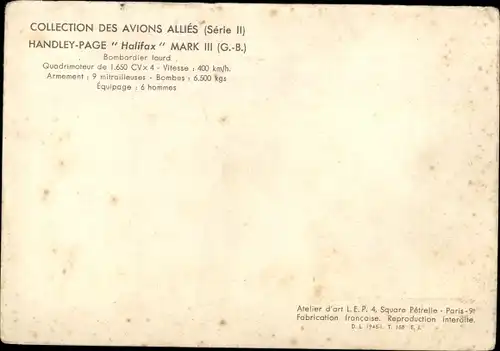 Künstler Ak Petit, Louis, Britisches Kampfflugzeug Handley Page Halifax Mark III, Avions Alliés