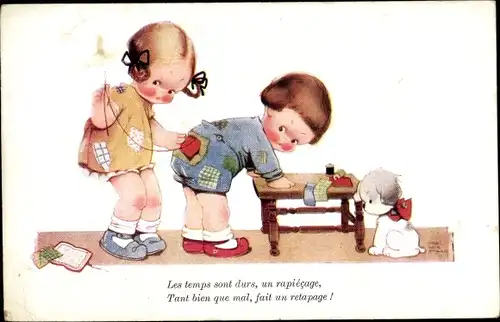 Künstler Ak Attwell, Mabel Lucy, Mädchen näht Hose von einem Jungen