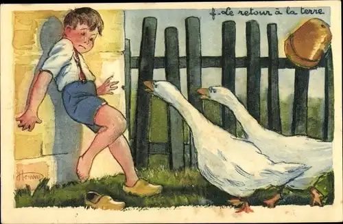 Künstler Ak Junge fürchtet sich vor Gänsen