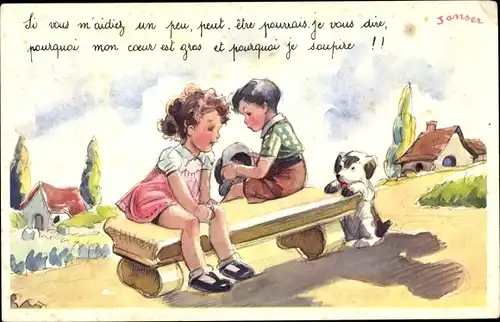 Künstler Ak Janser, Junge und Mädchen auf einer Bank, Hund