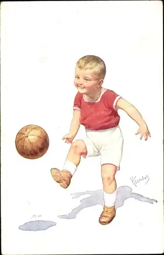 Künstler Ak Feiertag, Karl, Junge spielt Fußball