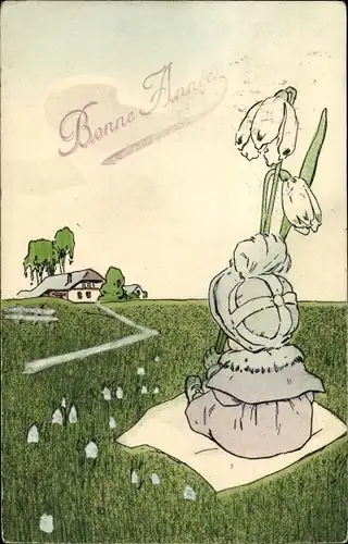 Ak Glückwunsch Neujahr, Mädchen auf einer Wiese, Schneeglöckchen