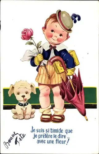 Ak Glückwunsch Geburtstag, Junge mit Rose und Regenschirm, Hund