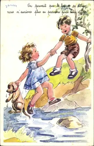 Künstler Ak Janser, Junge zieht Mädchen aus einem Fluss, Hund