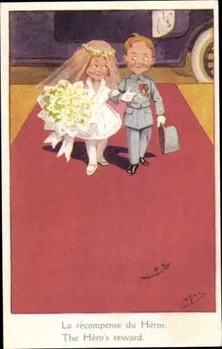 Künstler Ak Hochzeit, Soldat mit Orden, roter Teppich