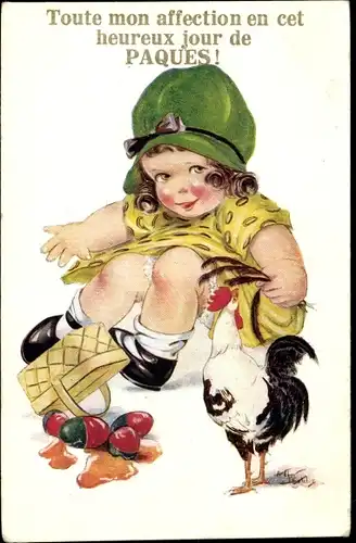 Künstler Ak Glückwunsch Ostern, Mädchen, Hahn, zerbrochene Eier