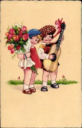 Ak Mädchen mit Tulpen, Junge mit Gitarre