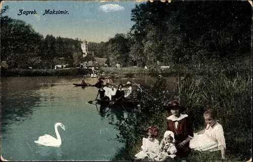 Ak Zagreb Kroatien, Maksimir, Kinder am Ufer eines Teiches, Schwan