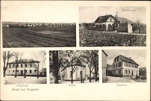 Ak Ungstein Bad Dürkheim am Pfälzerwald, Panorama, Winzerverein, Schulhaus, Kirche, Pfarrhaus