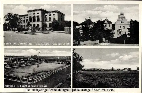 Ak Großmühlingen Anhalt, Schule, Denkmal Friedrich Loose, Schloss, Schwimmbad, Gasthof Schwarzer Bär