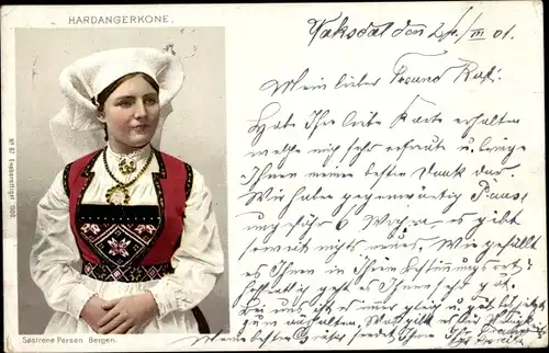 Ak Hardangerkone, Frau in norwegischer Tracht