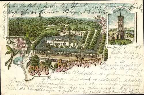 Litho Duisburg im Ruhrgebiet, Restaurant Bergschlösschen, Wasserturm