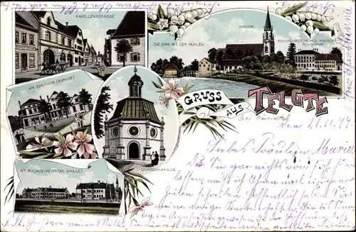 Litho Telgte in Westfalen, Kirche, Knabenpensionat, Kapellenstraße, Hospital