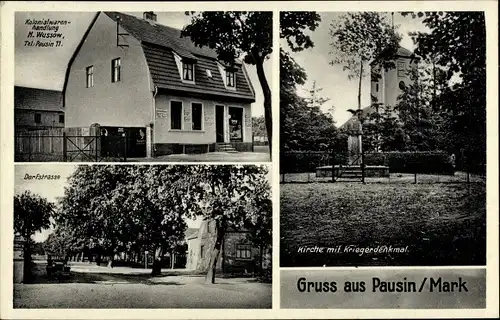 Ak Pausin Schönwalde Glien Havelland, Kolonialwarenhandlung, Kirche, Kriegerdenkmal