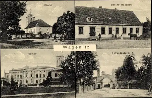 Ak Wagenitz Mühlenberge im Havelland, Schwedenturm, Schloss, Kirche, Gasthof Buschow