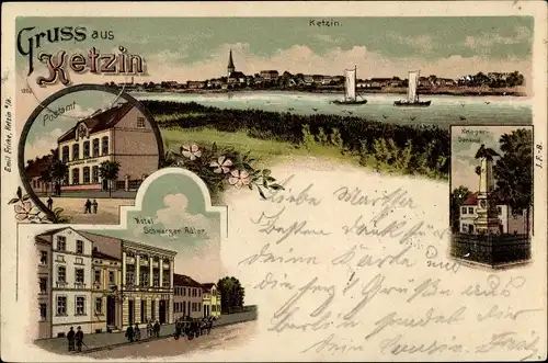 Litho Ketzin an der Havel, Postamt, Hotel schwarzer Adler, Kriegerdenkmal