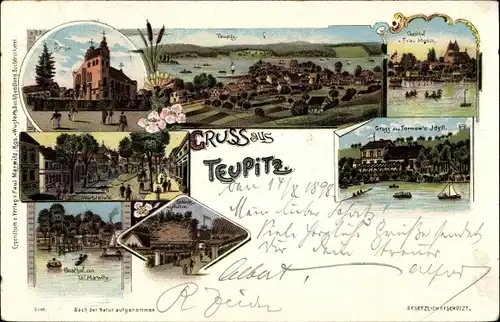 Litho Teupitz in der Mark, Gasthof Marwitz, Tornow's Idyll, Totalansicht