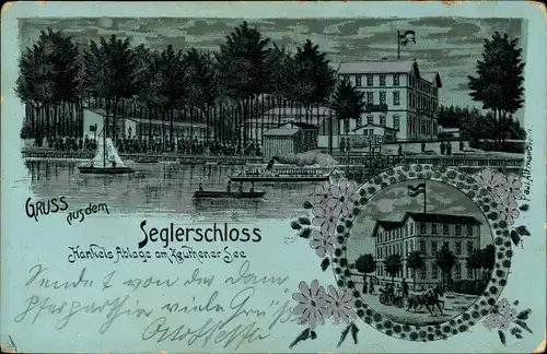 Mondschein Litho Zeuthen in der Mark, Seglerschloss, Hankels Ablage