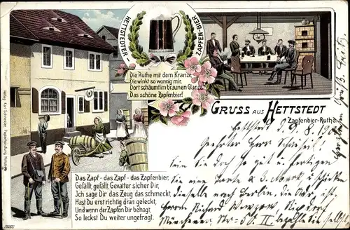 Litho Hettstedt im Südharz, Gasthaus, Hettstedter Zapfenbier, Brauerei