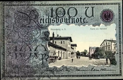 Passepartout Ak Merseburg an der Saale, Partie am Bahnhof, Reichsbanknote