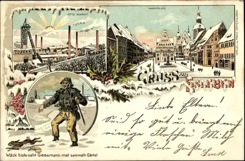 Winter Litho Lutherstadt Eisleben, Marktplatz, Otto Schacht, Giesemann, Hase