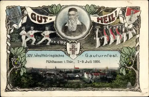 Passepartout Ak Mühlhausen in Thüringen, XIV Westthüringisches Gauturnfest 1906, Turnvater Jahn