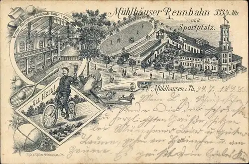 Litho Mühlhausen in Thüringen, Mühlhäuser Rennbahn, Radfahrer, Rollschuh-Bahn