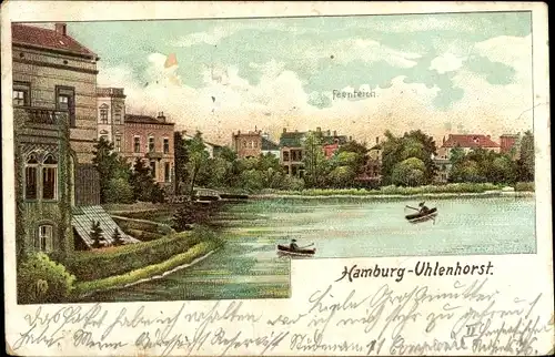 Litho Hamburg Nord Uhlenhorst, Ruderpartie, Villa