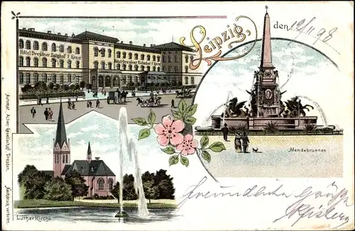 Litho Leipzig in Sachsen, Mendebrunnen, Hotel, Lutherkirche