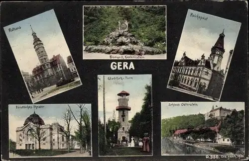 Ak Gera, Rathaus, Reichspost, Fürstliches Theater, Gladitsch-Turm, Schloss Osterstein, Bismarckstein