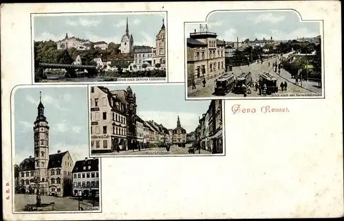 Ak Gera, Schloss Osterstein, Untermhaus, Heinrichsbrücke, Straßenbahnen, Rathaus, Heinrichstraße