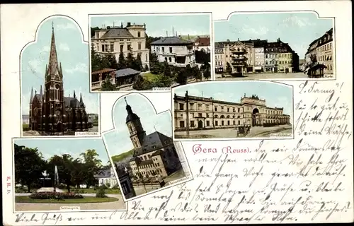 Ak Gera, Johanniskirche, Waldstraße, Schlosspark, Salvatorkirche, Hauptbahnhof, Markt