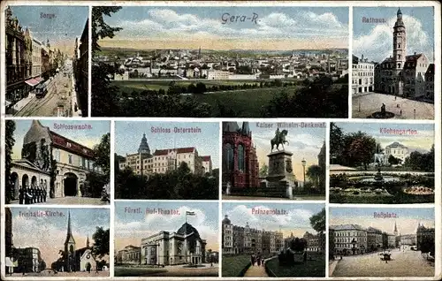 Ak Gera in Thüringen, Panorama, Sorge, Rathaus, Schloss Osterstein, Trinitatiskirche, Prinzenplatz