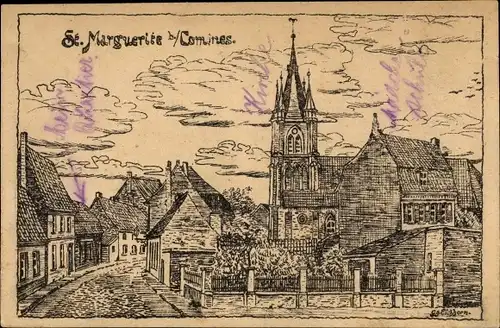 Künstler Ak Sainte Marguerite Comines Nord, Teilansicht, Kirche