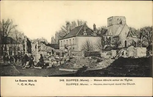 Ak Suippes Marne, Maison detruite autour de l'Eglise