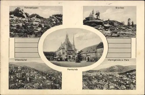 Ak Wernigerode im Harz, Marktplatz, Rathaus, Villenviertel, Hohneklippen, Brocken