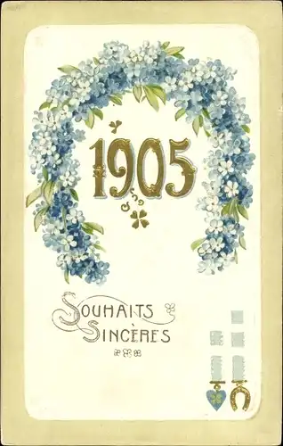 Präge Ak Glückwunsch Neujahr, Jahreszahl 1905, Hufeisen aus Vergißmeinicht