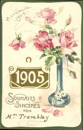 Präge Ak Glückwunsch Neujahr 1905, Rosen in der Blumenvase, Hufeisen
