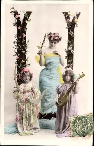 Buchstaben Ak Buchstabe U, Frau,  Kinder, Musikinstrumente