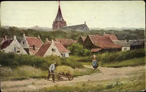 Künstler Ak Gerstenhauer, J. G., niederländisches Dorfmotiv, Mann mit Heuwagen, Kirche