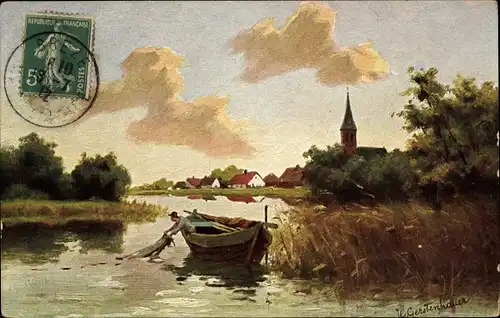 Künstler Ak Gerstenhauer, J. G., niederländisches Motiv, Fluss, Ruderboot, Mann mit Fischernetz