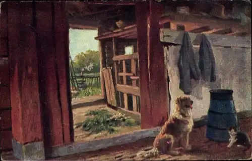 Künstler Ak Gerstenhauer, J. G., Bauernhaus, Hund und Katze