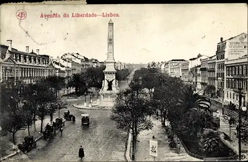 Ak Lissabon Portugal, Avenida da Liberdade, Straßenpartie mit Obelisk