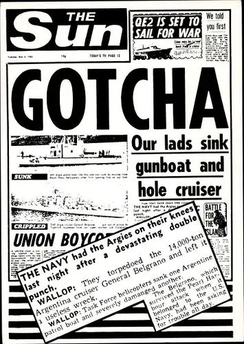 Ak Gotcha, The Sun Titelseite 1982, Falklandkrieg