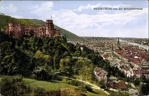 Ak Heidelberg am Neckar, Ortsansicht von der Scheffelterrasse aus, Schloss